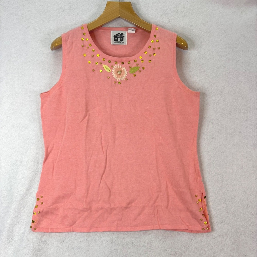 Storybook Knits Floral Beaded Coral Garden Sleeveless Top Women L Cottagecore